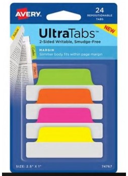 Avery® Margin Tab Ultra Tabs™, Neon, 2-1/2"x1", 24 Pack Repositionable, Two-Side Writable Tabs