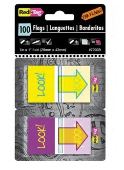Pop-Up Fab Flags W/ Dispenser, "Look!", Purple/Yellow & Yellow/Teal, 100/Pk