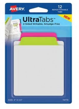 Avery® Tab & Note Ultra Tabs™, Neon (Pink, Green), 3" x 3-1/2", Pack of 12 Repositionable, Two-Side Writable Tabs