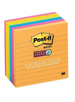 Post-it® Super Sticky Notes, 4" x 4", Rio De Janeiro Collection, Lined, 6 Pads/Pack (6756SSUC)