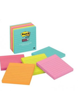 Post-it® Super Sticky Notes, 4" x 4", Miami Collection, Lined, 6 Pads/Pack (675-6SSMIA)