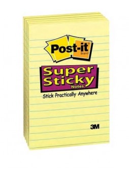 Post-it® Super Sticky Notes, 4" x 6", Canary Yellow, Lined, 5 Pads/Pack (660-5SSCY)
