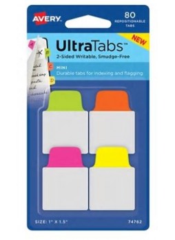 Avery® Mini Ultra Tabs™, Neon (Pink, Yellow, Green, Orange), 1" x 1-1/2", Pack of 80 Repositionable, Two-Side Writable Tabs