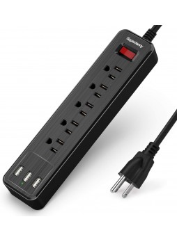 USB Surge Protector Power Strip Mountable Extension Cord Fire Proof Multiple Protection 5 Outlet 3 USB Port with Hook & Loop Fastener for iPhone iPad PC Home Office Travel Black