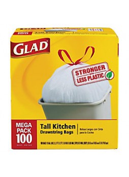  Glad® Tall Kitchen Drawstring Trash Bags, 13 Gallons, 24" x 48", White, Box Of 100