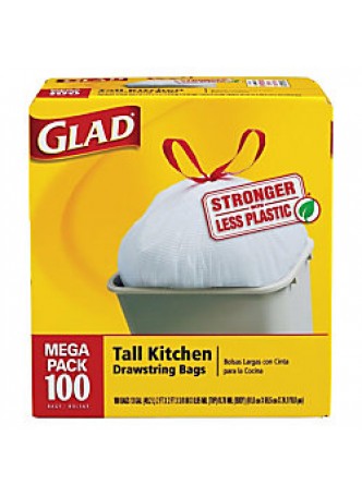  Glad® Tall Kitchen Drawstring Trash Bags, 13 Gallons, 24" x 48", White, Box Of 100