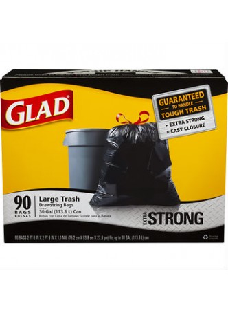 Glad® Trash Bags, Drawstring, 30 Gallons, Black, Box Of 90